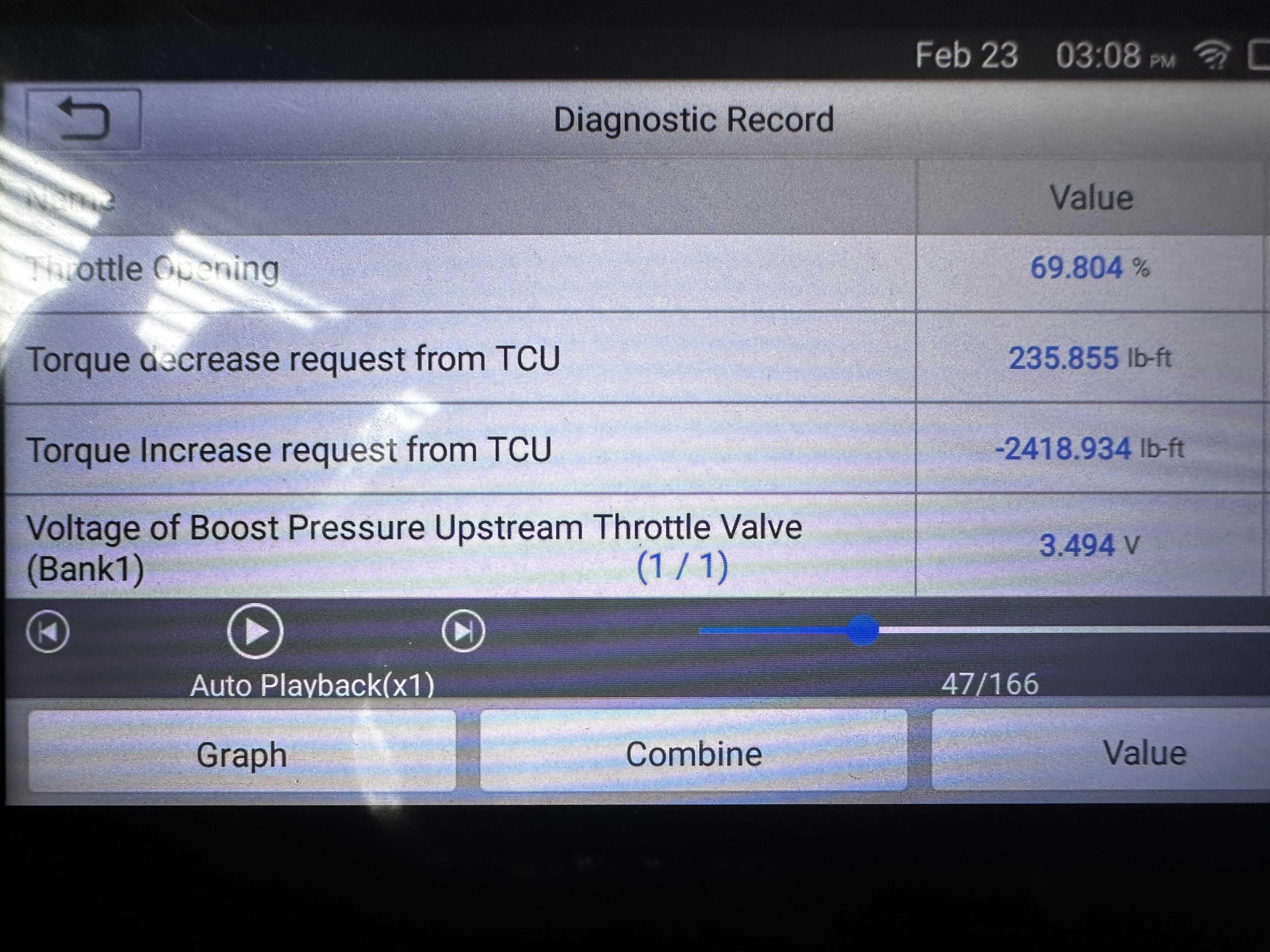 OBD2 scanner data showing Torque Reduction Request and Actual values, indicating potential TCU torque limiting.