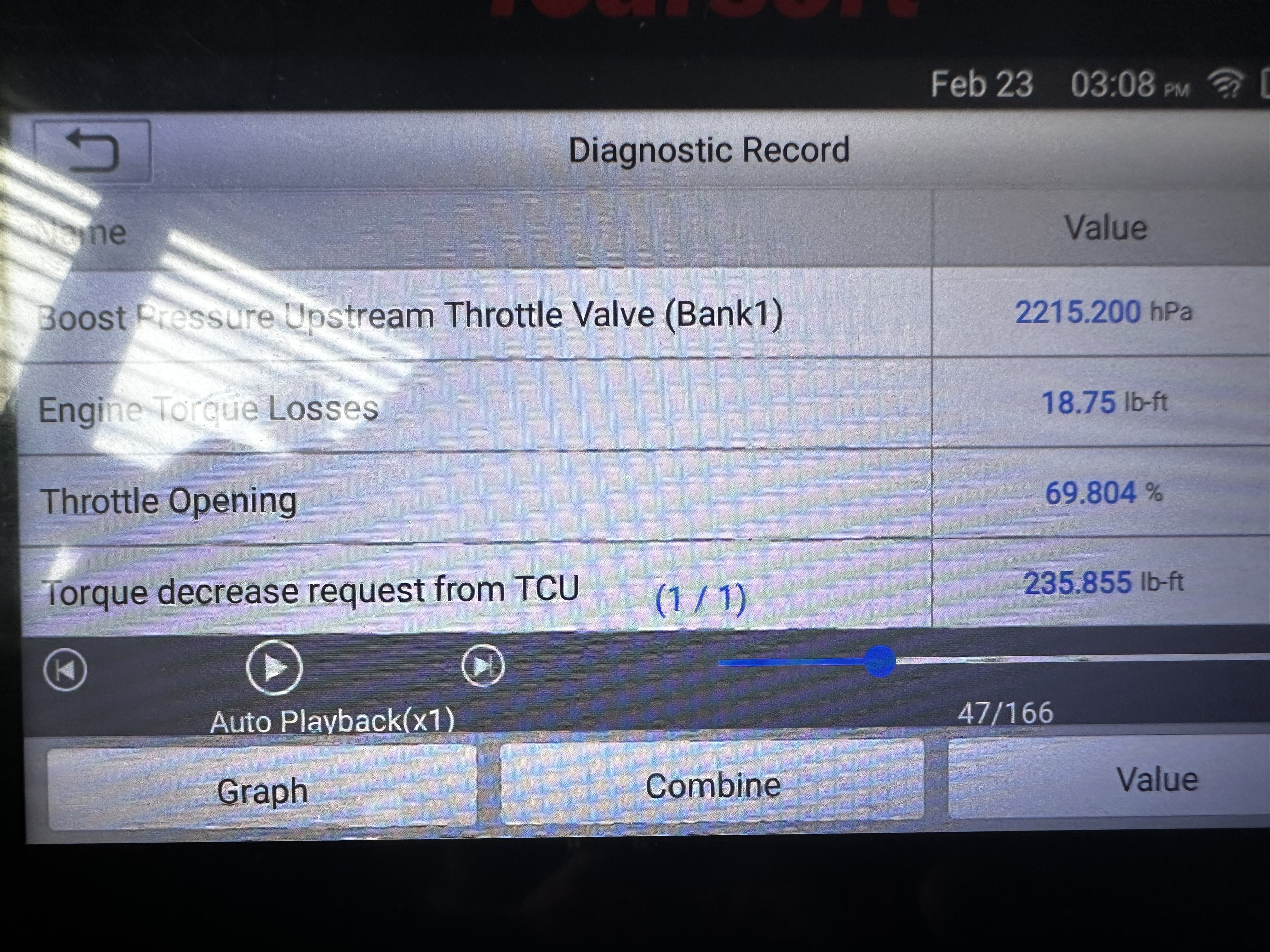 OBD2 scanner readings comparing old and new TCU software settings for torque management.