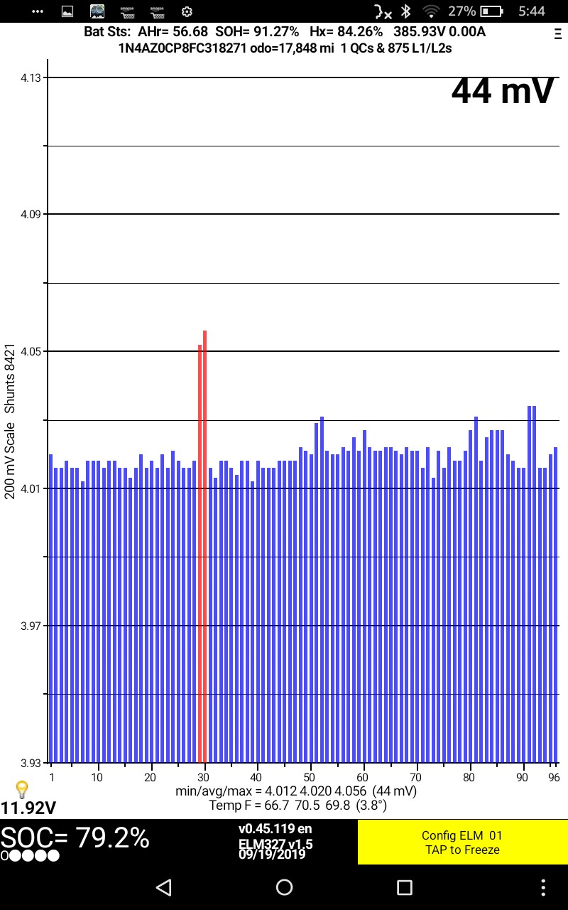 LEAF Spy Pro screenshot immediately after Nissan Leaf battery module replacement showing higher voltage on new module