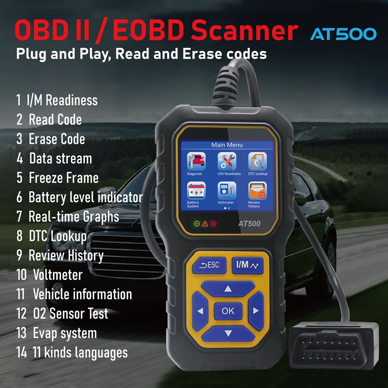 AT500 OBD2 Scanner Multilingual Support and Display Features