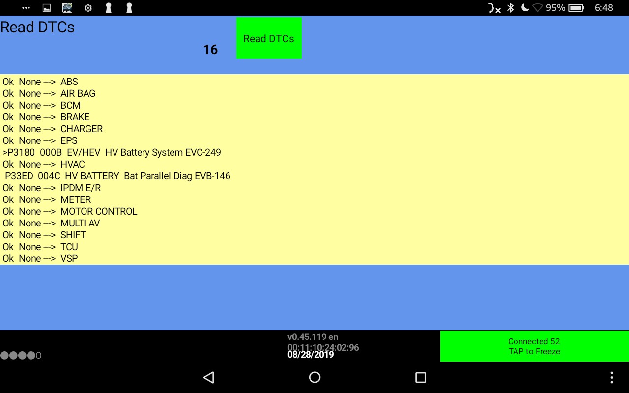 Nissan Leaf LEAF Spy Pro app displaying detailed battery cell voltage readings during dealership visit