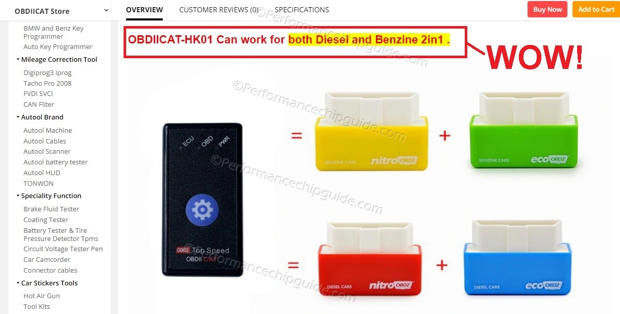 Aliexpress Thorton Top Speed OBDII Chip Comparison to Nitro OBD Diesel and Benzine, highlighting claims of universal compatibility and equivalence to other scam chips