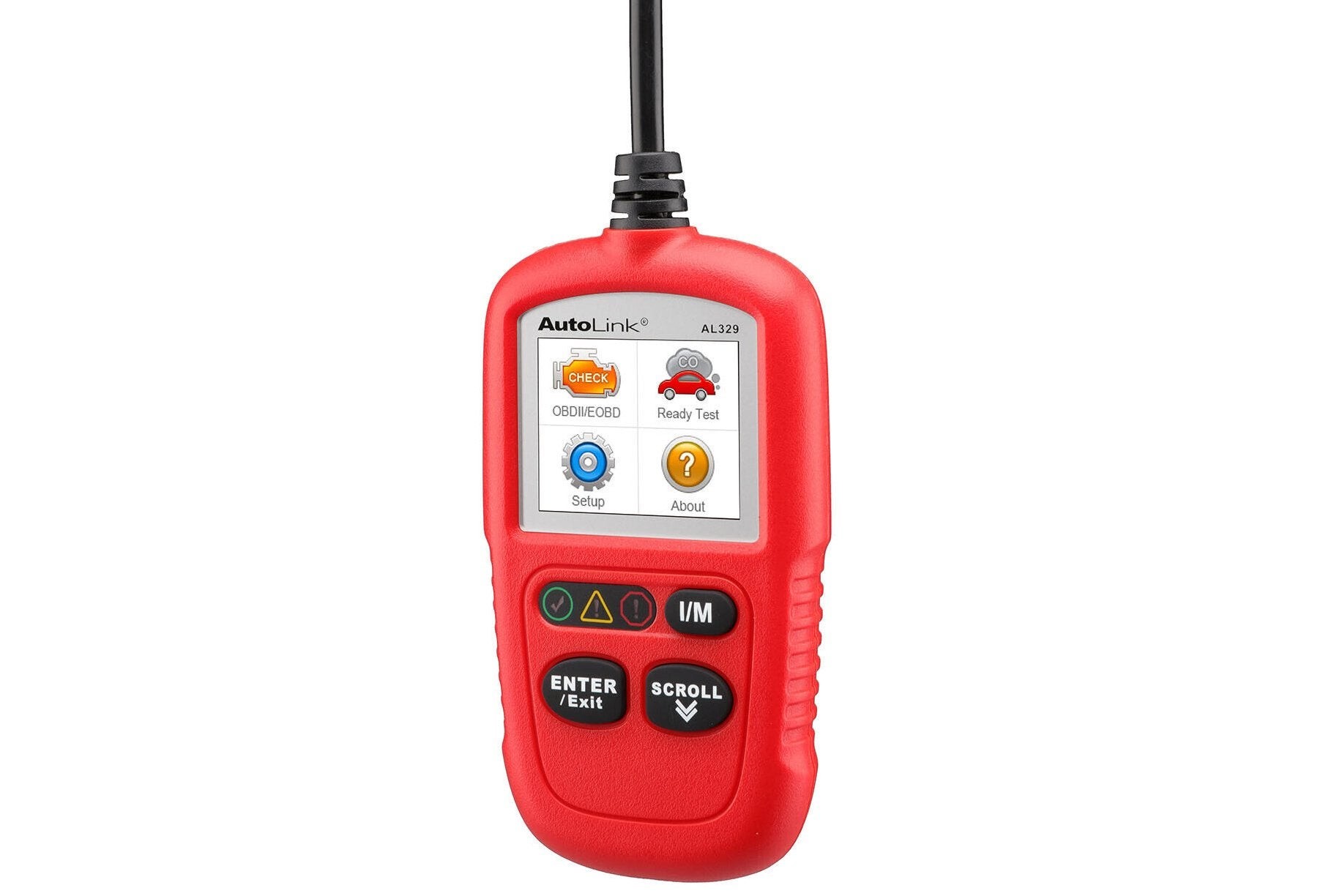 Image of Autel AutoLink AL329 handheld OBD2 scanner with color display showing diagnostic information, emphasizing its standalone operation and ease of use