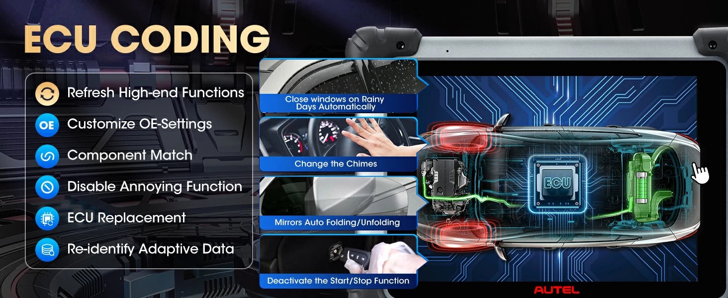 Image showcasing ECU coding functionality on an Autel diagnostic tool, illustrating advanced programming options.