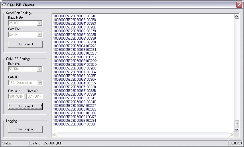 Data logging software interface displaying real-time CAN bus messages from a Nissan 350z, part of a DIY heads-up display project.