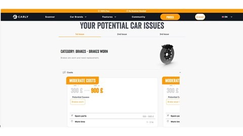 Screenshot of the Carly repair cost calculator interface