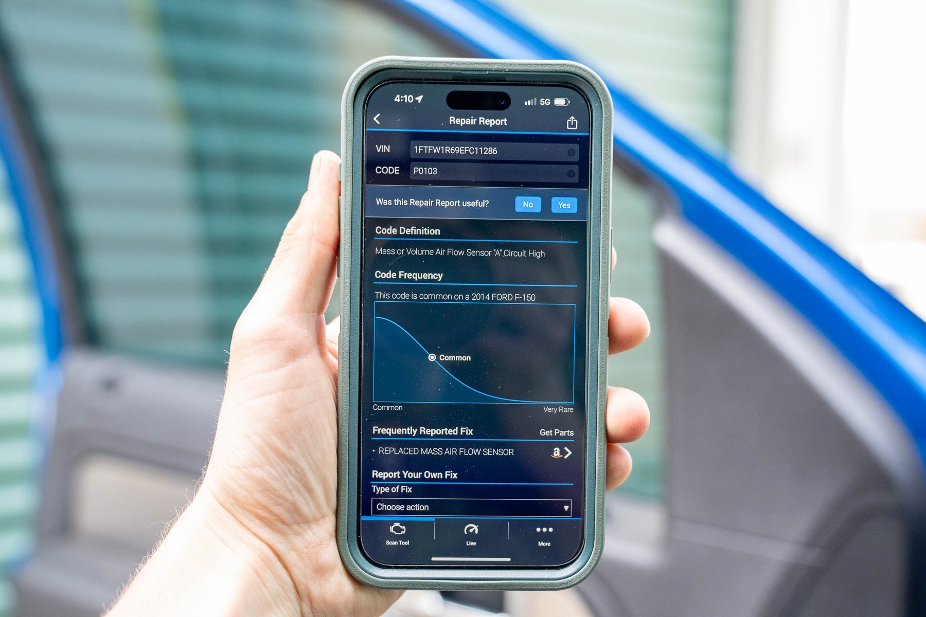 OBD2 scanner app interface displayed on a smartphone screen