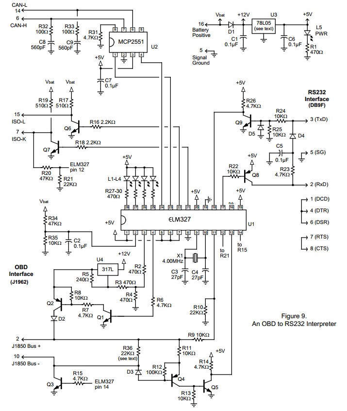 Screenshot of ELM327 datasheet circuit diagram example