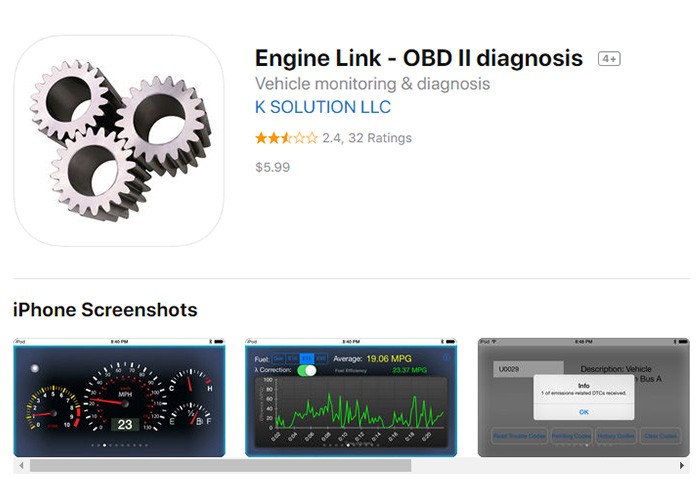 Engine Link App Interface on iOS Device Showing Vehicle Gauges