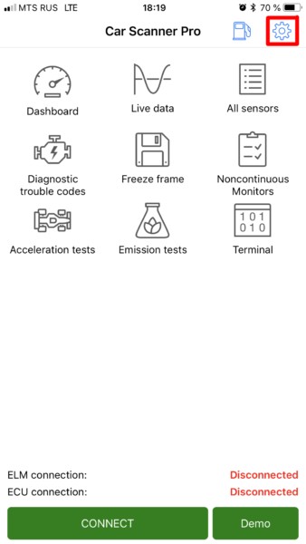 Car Scanner app main settings menu