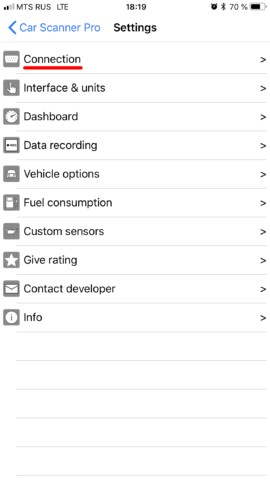 Selecting Adapter settings in Car Scanner app