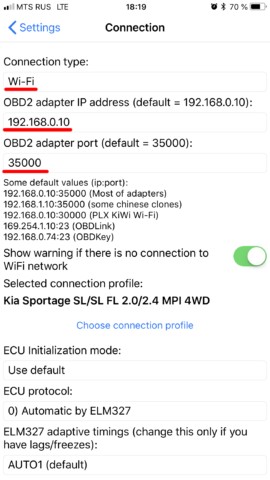 Choosing WiFi as connection type in Car Scanner app