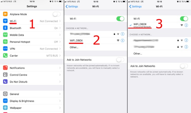 Connecting to OBD2 WiFi network on iPhone settings