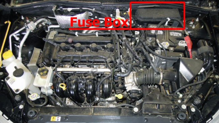 Engine compartment fuse box location in a 2010 Ford Focus.