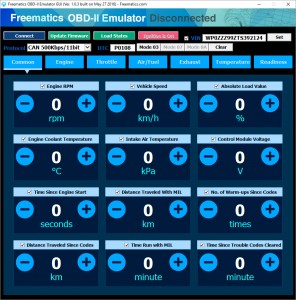 Freematics Emulator GUI showing OBD PIDs configuration