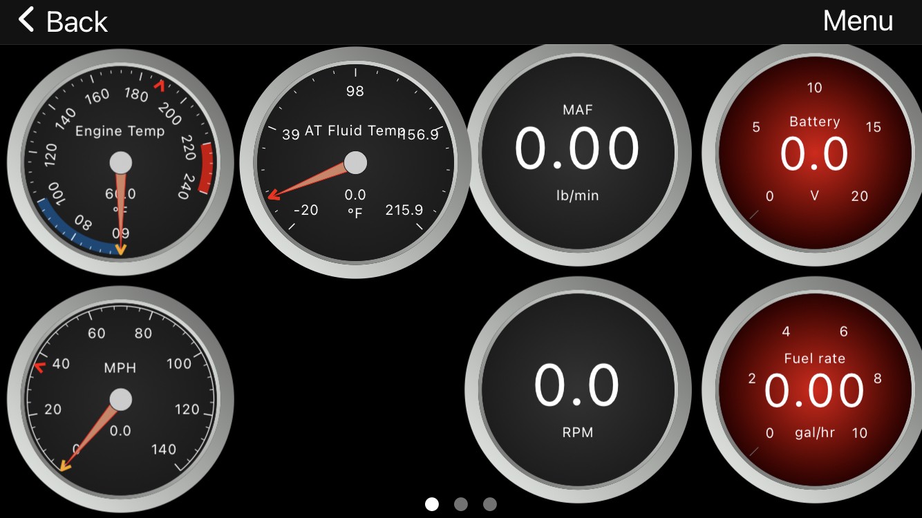 OBD Fusion App Dashboard displaying AT fluid temp