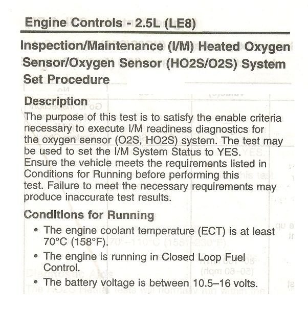 OBD2 scanner screen displaying specific conditions for completing the I/M Oxygen sensor test, crucial for emissions readiness