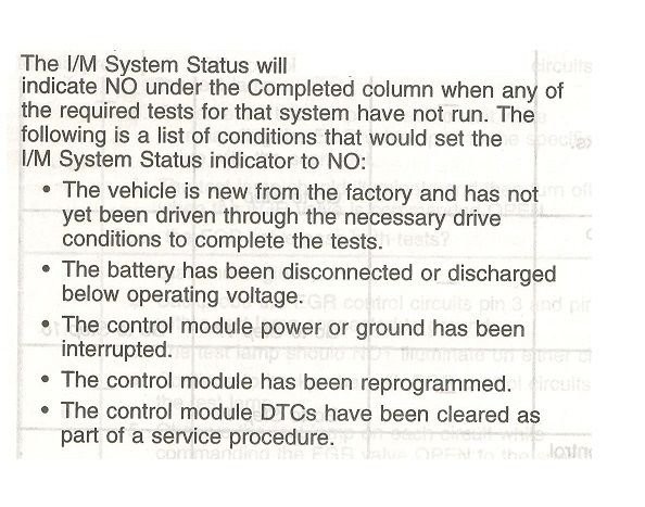 Chevrolet service information screen mentioning I/M testing but lacking detailed troubleshooting guidance for incomplete tests