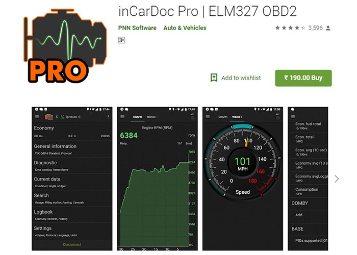 InCarDoc Pro Home Screen with Vehicle Diagnostic Options