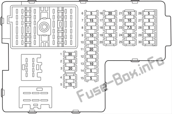 Diagram of the instrument panel fuse box in a 2004 Lincoln Aviator, illustrating the position and function of each fuse.