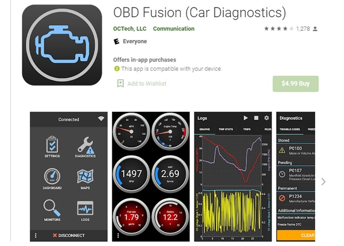 OBD Fusion App Interface with Customizable Dashboard and Data Logging