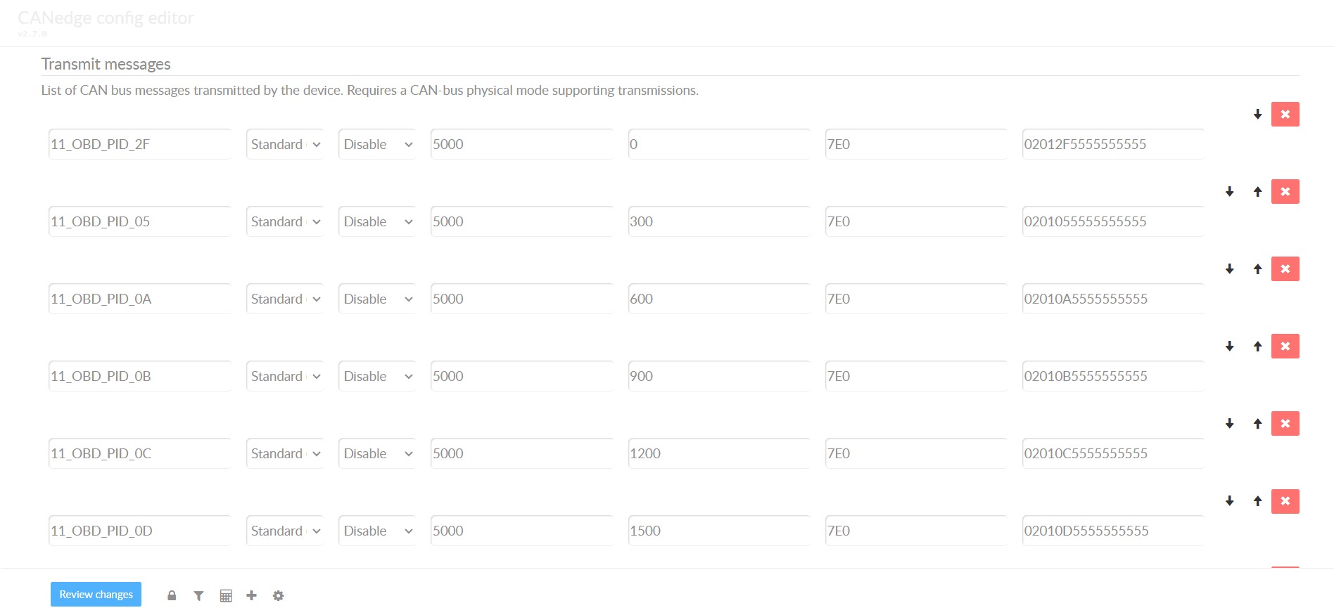 CANedge OBD2 PID Request Transmit List Example