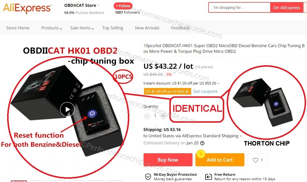 OBDIICAT Scam Chip on Aliexpress, showing the product available for bulk purchase from a Chinese supplier