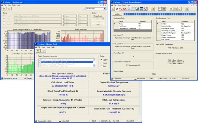 ProScan OBD software screenshots showing various diagnostic screens.