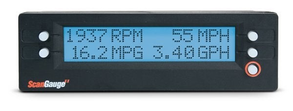 ScanGauge II compact vehicle monitor displaying various gauges and parameters