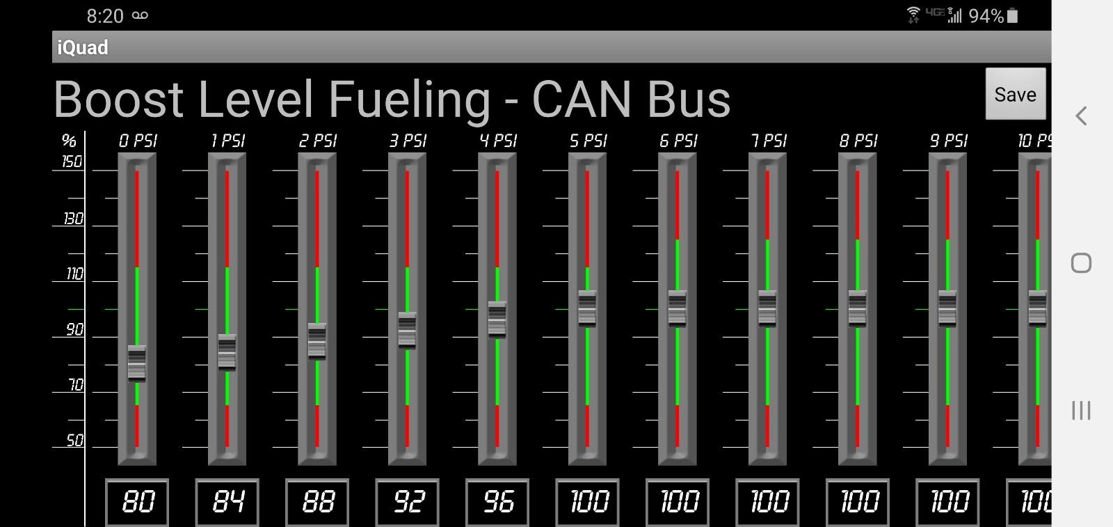 Quadzilla tuner interface displaying customizable fuel and timing maps for engine performance tuning, highlighting advanced diagnostic and tuning capabilities beyond basic OBD2 code reading for 47RE transmission and engine issues.