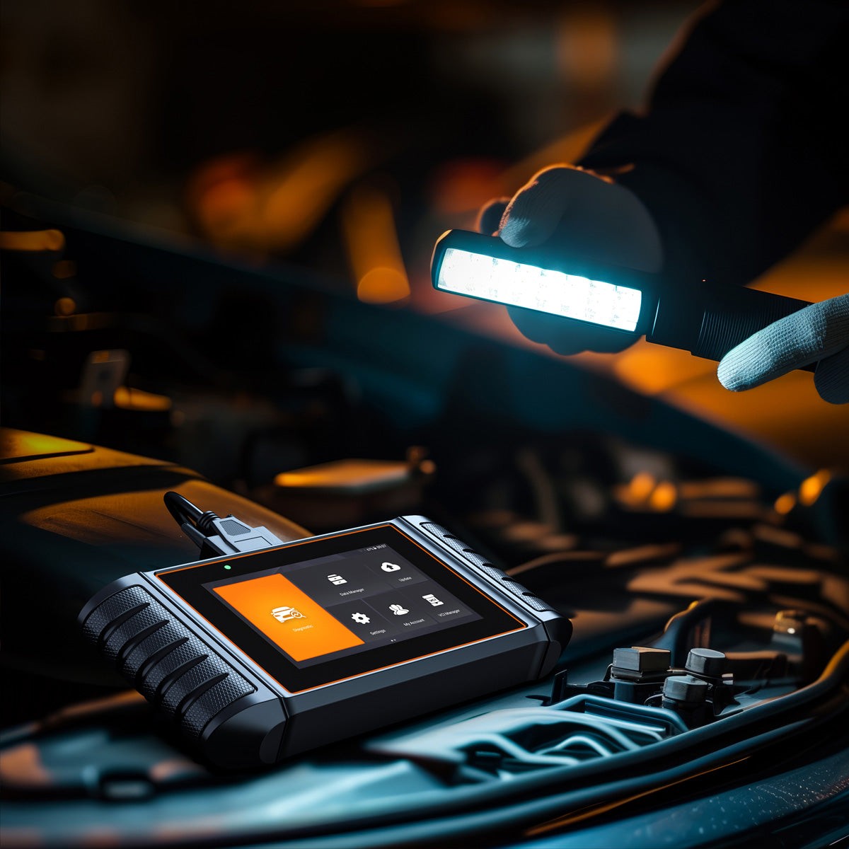 Using a Foxwell OBD2 scanner to diagnose and clear car trouble codes. The scanner is connected to the OBD2 port of a vehicle.