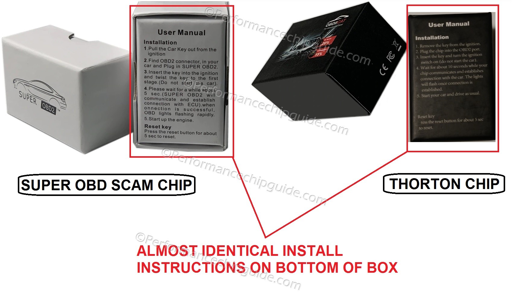 Comparison showing near-identical packaging and instruction sheets of the SuperOBD scam chip and the Thorton Top Speed OBDII CAT.