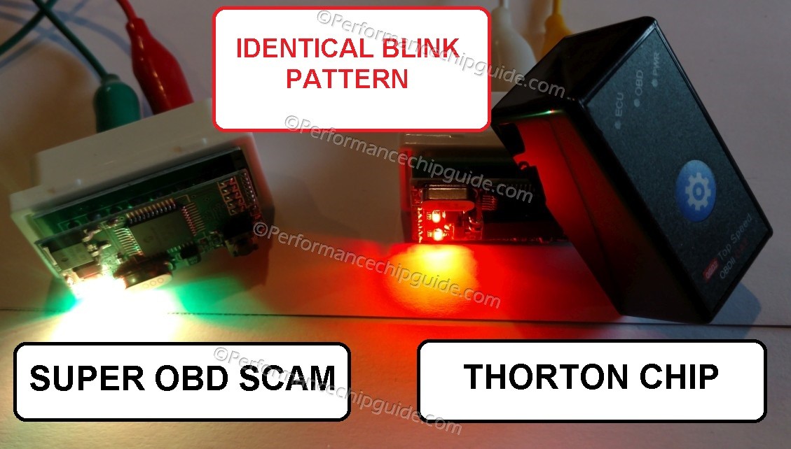 Bench test comparing the blinking LED patterns of the SuperOBD scam chip and the Thorton Performance Chip, revealing identical blink rates.