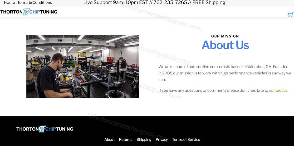 Thorton Chip Tuning About Us Page showcasing generic workers in a shop, casting doubt on their tuning expertise