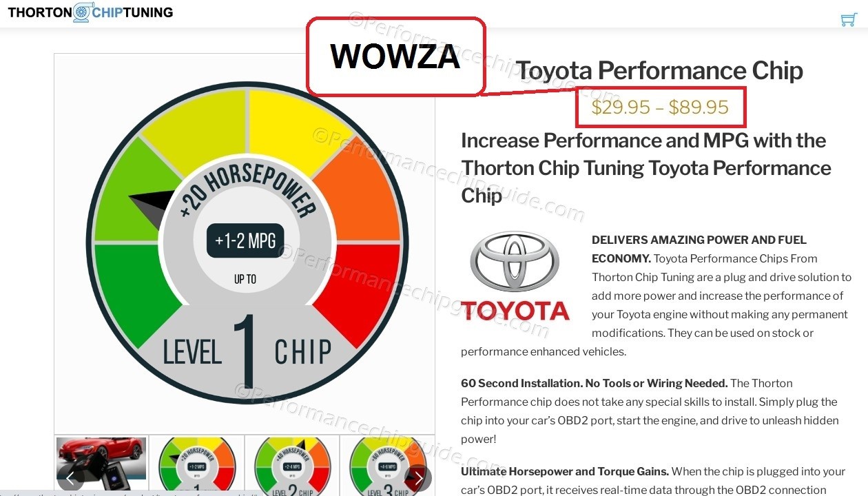 Thorton Chiptuning Top Speed OBDII Cat Performance Chip Levels and Prices, showing tiered pricing for visually identical chips