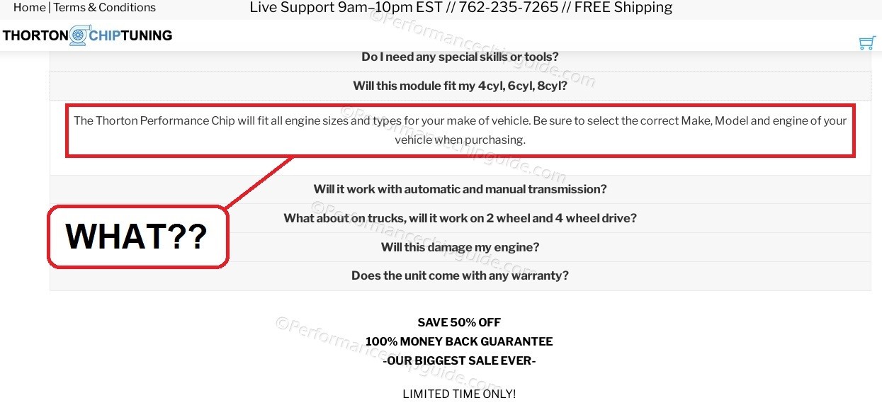 Thorton Chiptuning Top Speed OBDII Cat Performance Chip Website Claims 3, highlighting contradictory statements about universal compatibility and specific vehicle selection