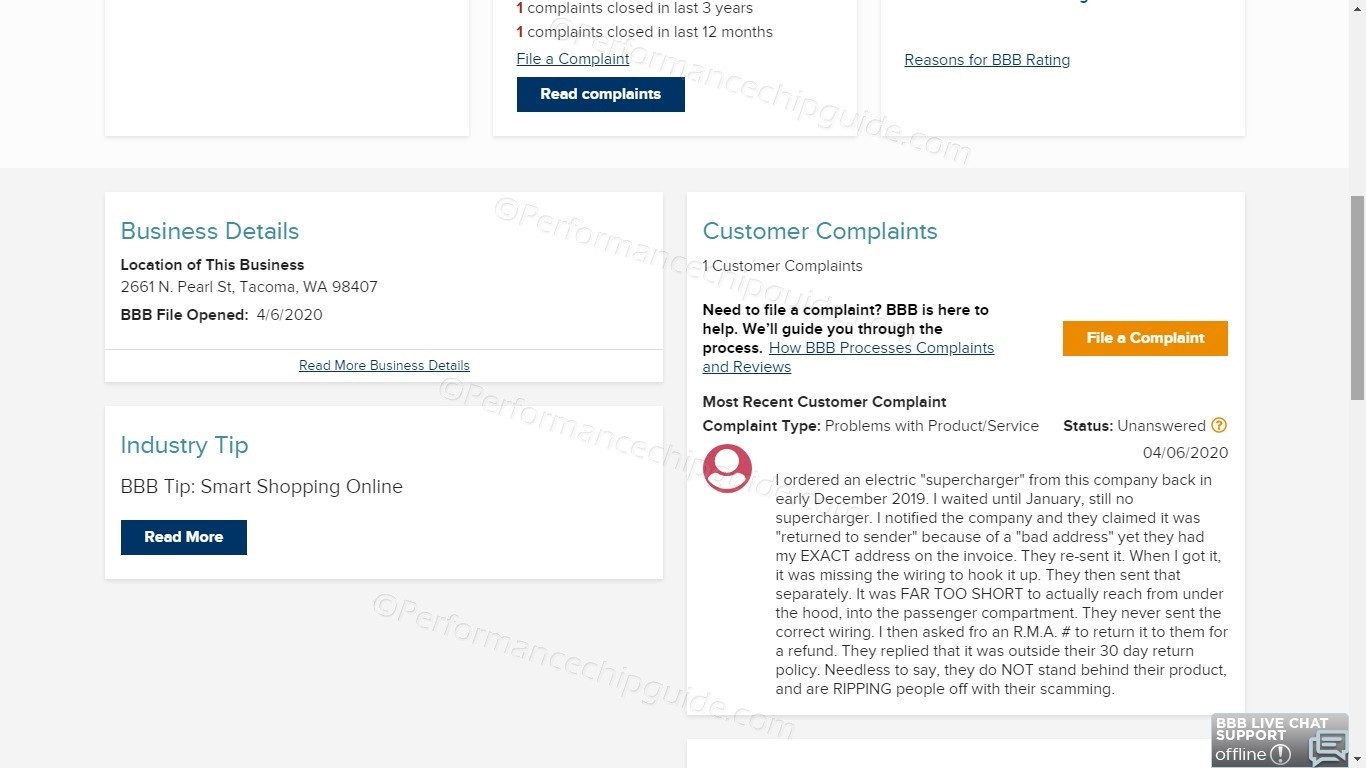 Thorton Superchargers BBB Complaints, showing a D rating and customer complaints regarding refunds and product issues