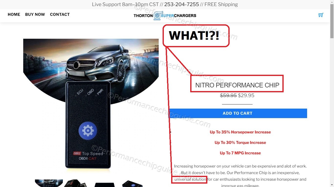 Thorton Superchargers website promoting the &quot;Nitro Performance Chip,&quot; openly using the name of the original scam product.