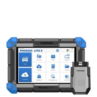 Topdon Phoenix Lite 2 OBD-II scanner and tablet on a white backdrop, highlighting its robust build and comprehensive diagnostic capabilities