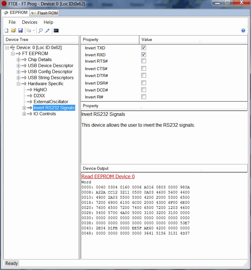 FT_Prog software interface showing 'Invert TXD' and 'Invert RXD' settings to enable OBD1 communication via USB adapter.