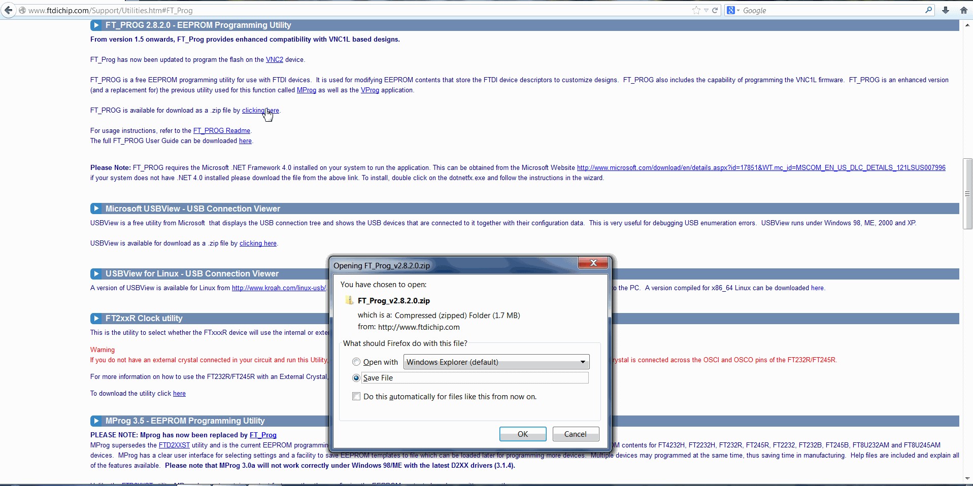 FT_Prog utility download page screenshot for reprogramming FTDI USB to serial adapter for OBD1 communication.