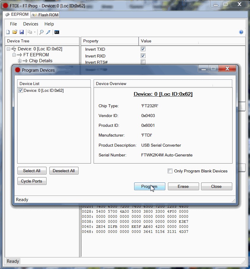 FT_Prog program device dialog box confirming successful reprogramming of FTDI adapter for OBD1 cable functionality.